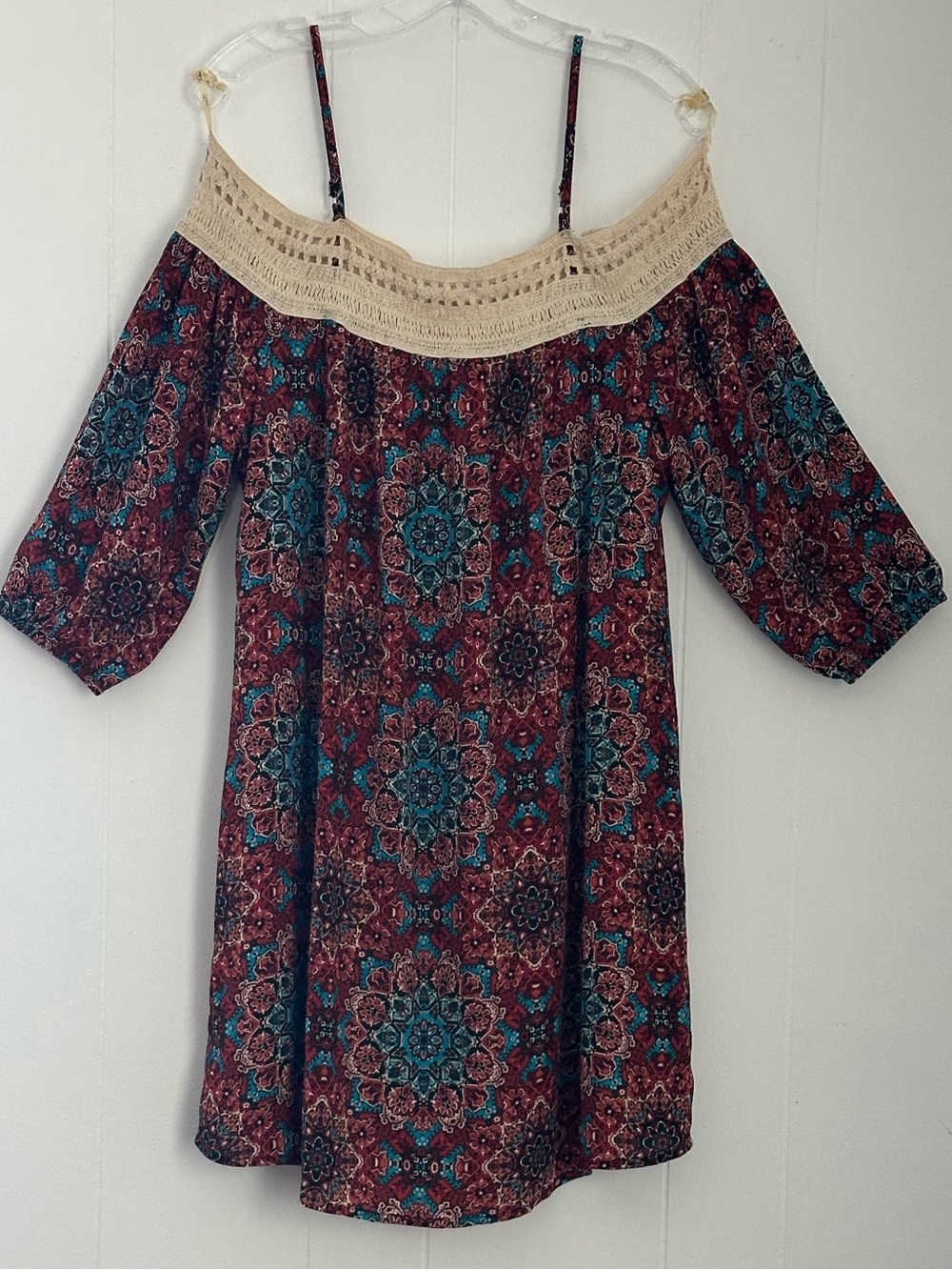 Boho Off-Shoulder Crochet Yoke Tunic - Teal & Burgundy XL